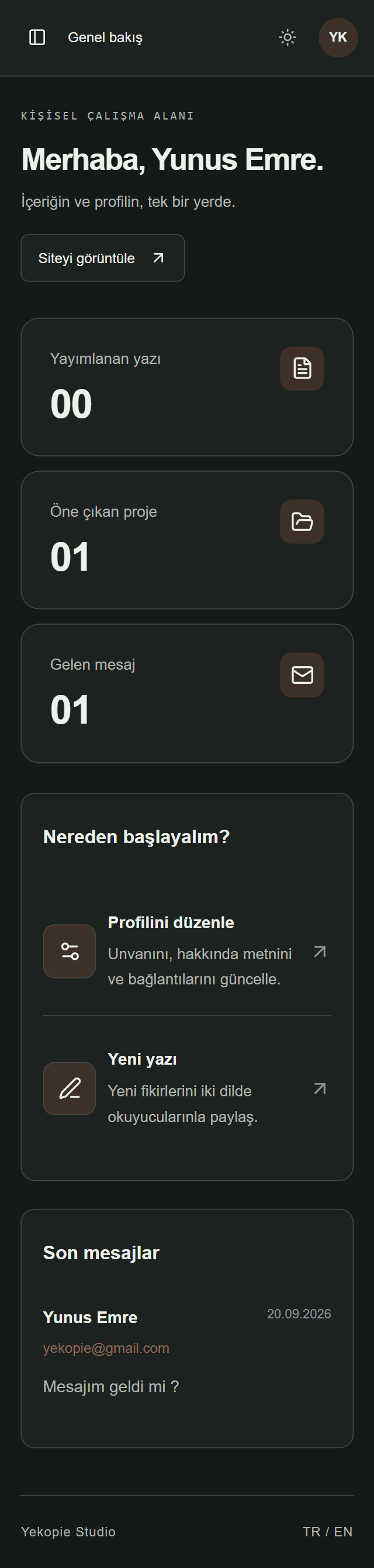 Yekopie içerik ve site ayarları yönetim panelinin mobil uyumlu görünüm