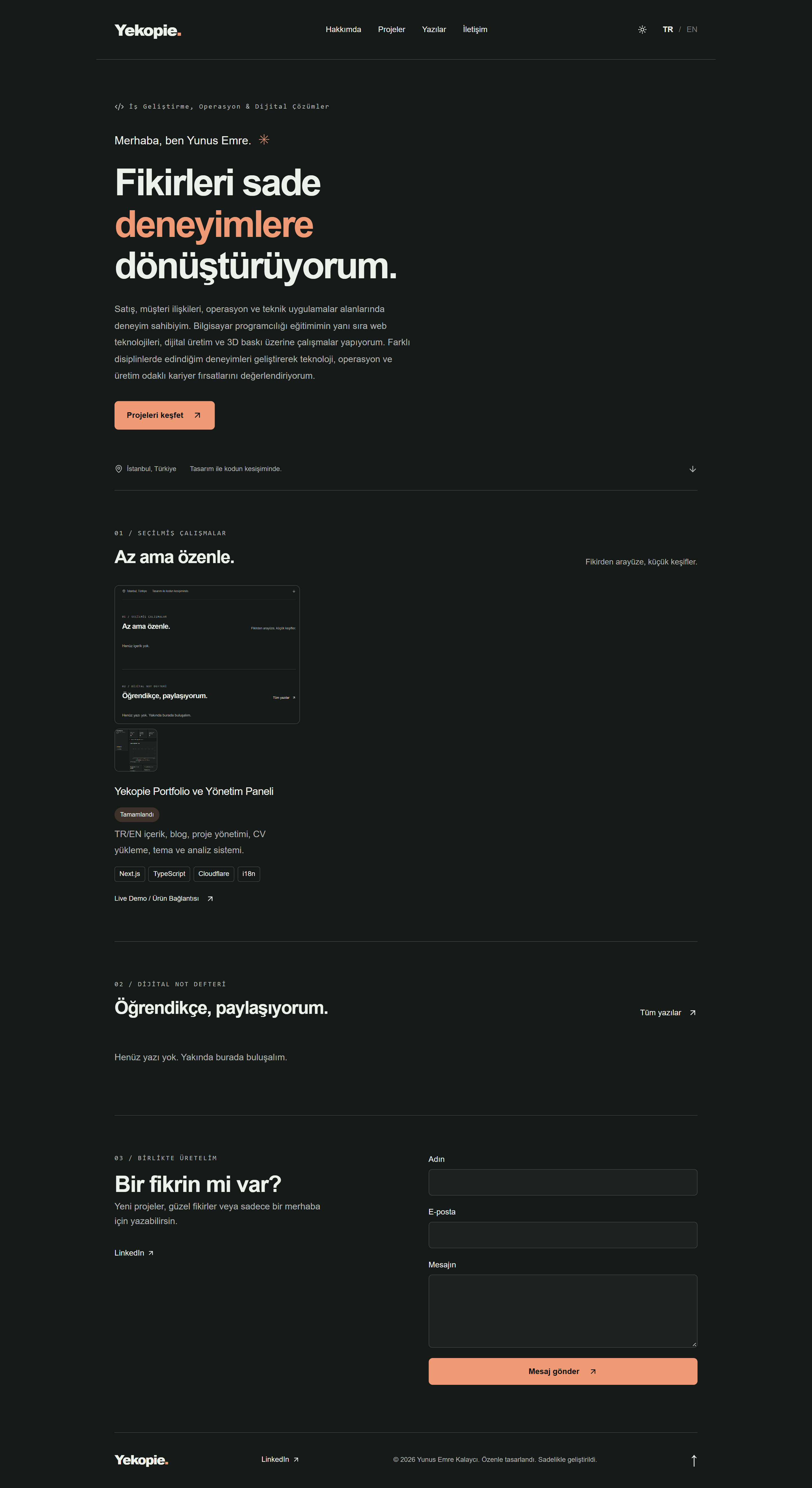 Yekopie kişisel portföy ve blog sitesinin masaüstü görünümü